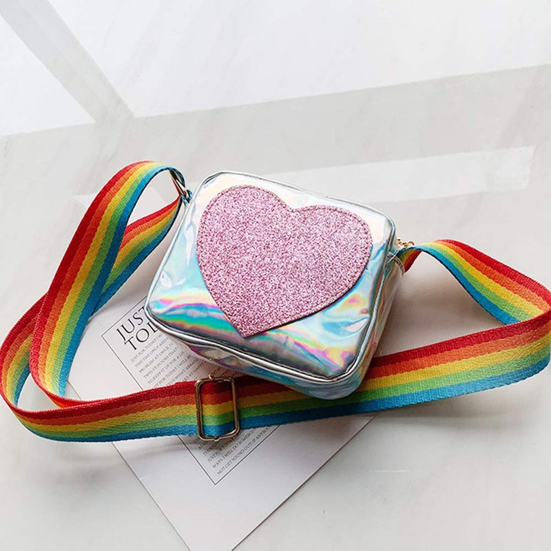 JienClound Trendy Girls Purse Sequin Heart Rainbow Shoulder Strap Crossbody Bags Handbag for Little Girls (Silver) - Image 5